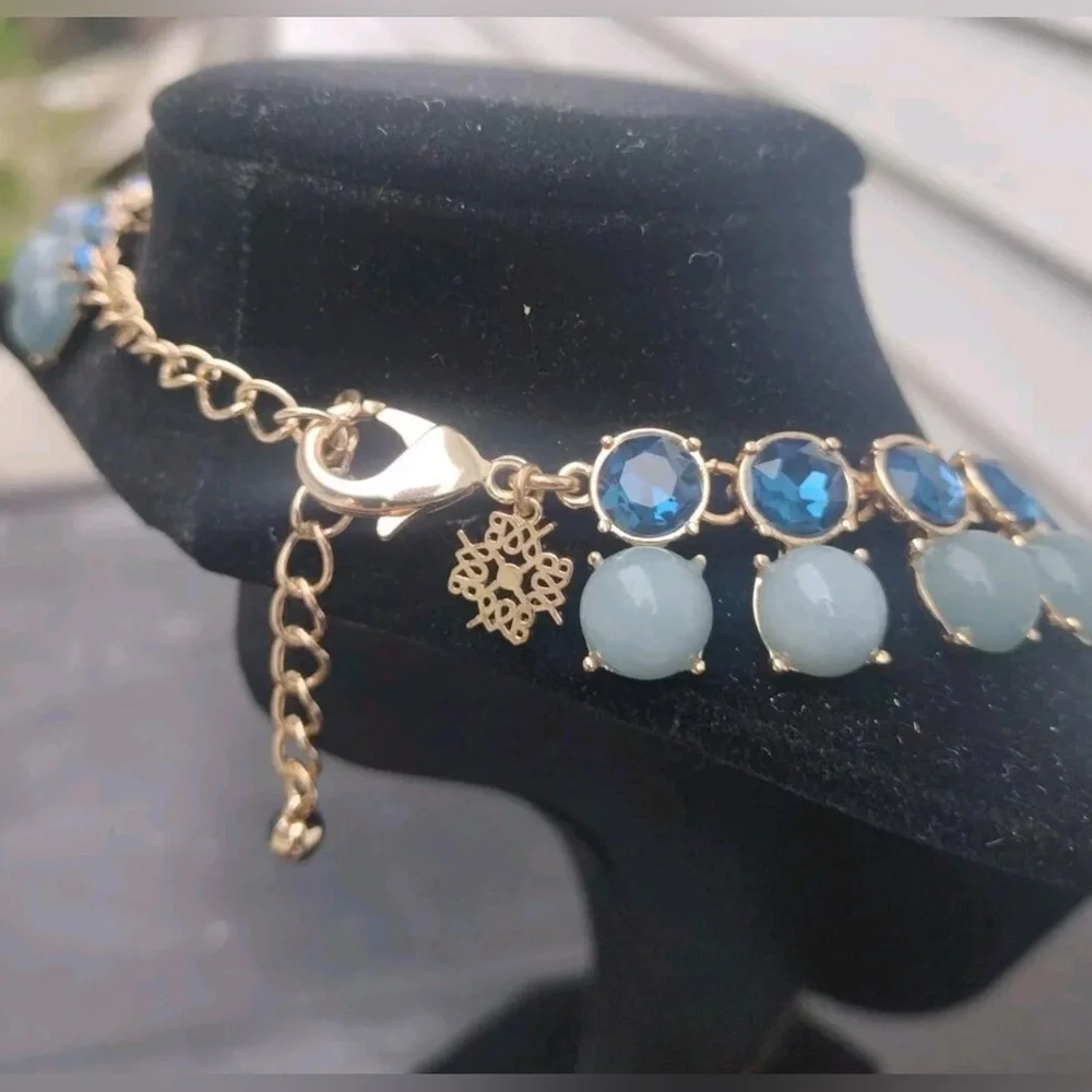 WHBM Gold Blue Double Row Statement Necklace | Genuine Jade & Glass Beads - Picture 5 of 6